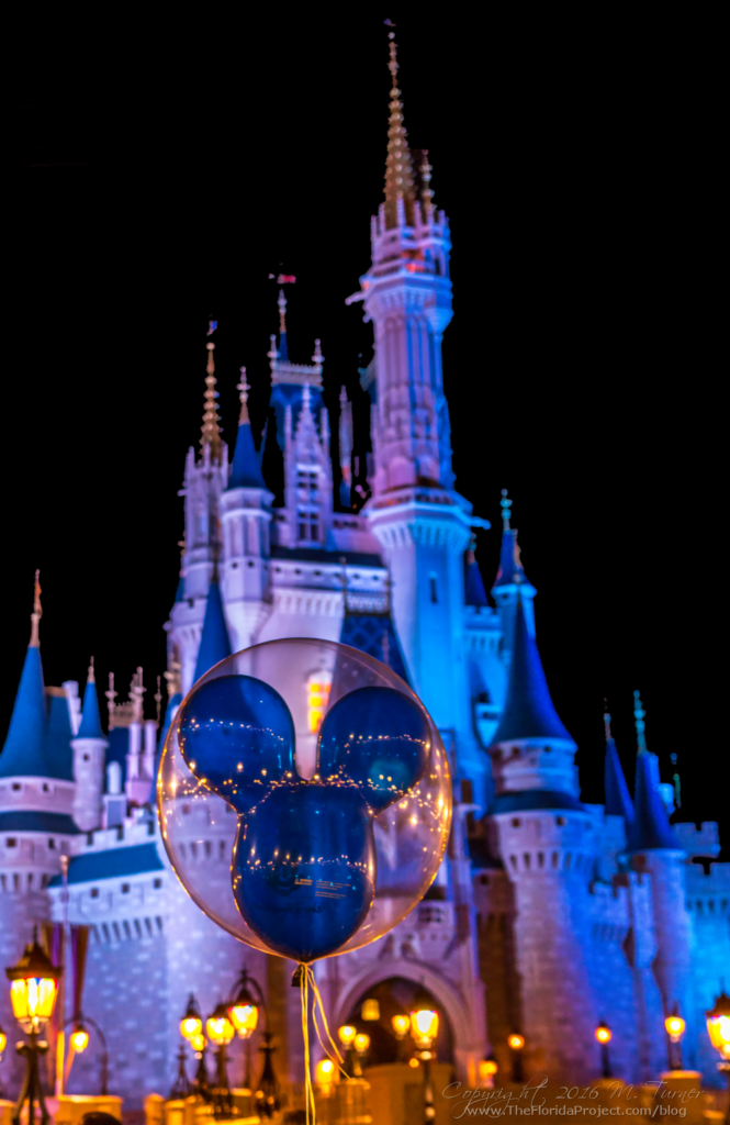 Mickey Ears Balloon in front of Cinderella Castle at night, Magic Kingdom, Walt Disney World Florida. Photo copyright 2016 M. Turner www.TheFloridaProject.com